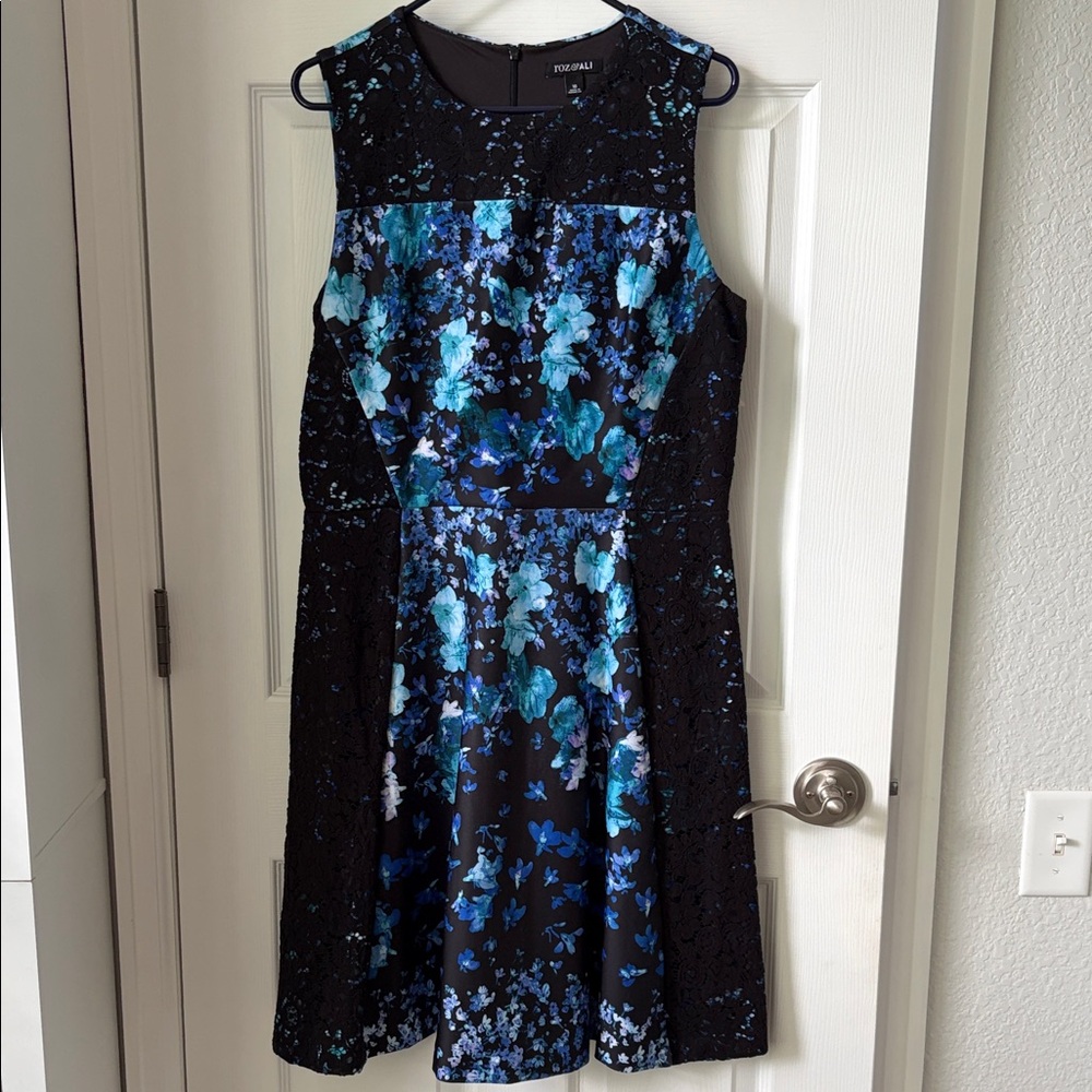 Roz & Ali Black Midi Dress with Blue Floral Print